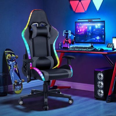 LEDライトバーとマッサージ機能の快適な偽革ゲーム回転椅子