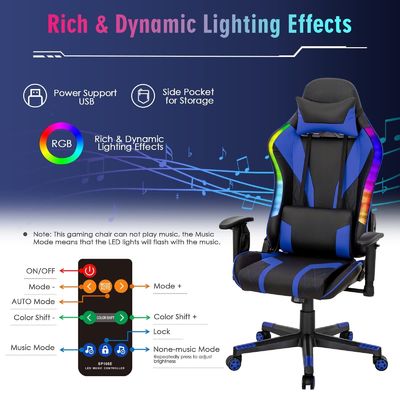 RGB LEDライトと調整可能なデザインでエルゴノミックなビデオゲームチェアをカスタマイズします